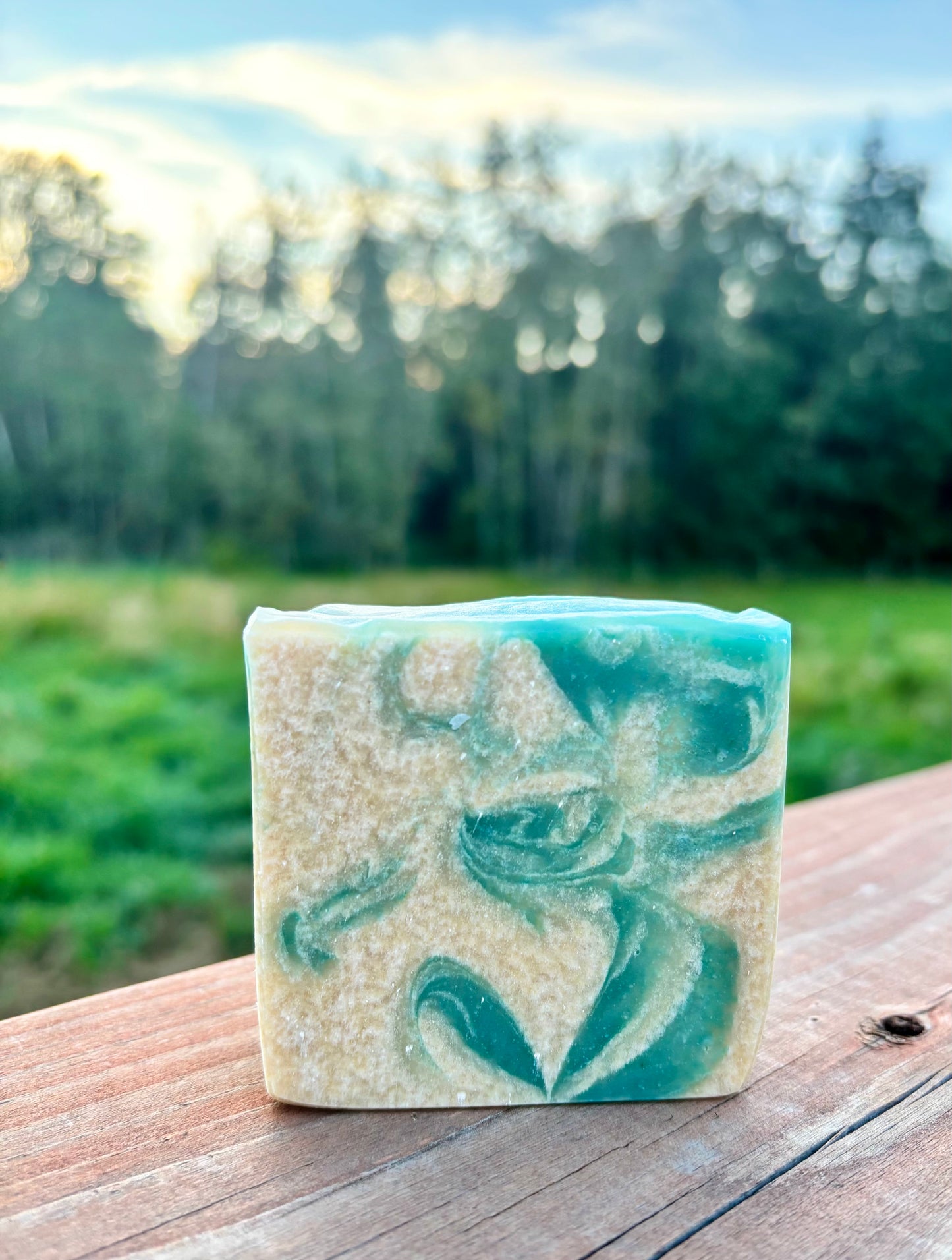 Handcrafted goat milk soap bar with teal and cream swirls, photographed outdoors on a wooden fence with a green field and trees in the background — Alpine Frost by Straight Arrow Farms