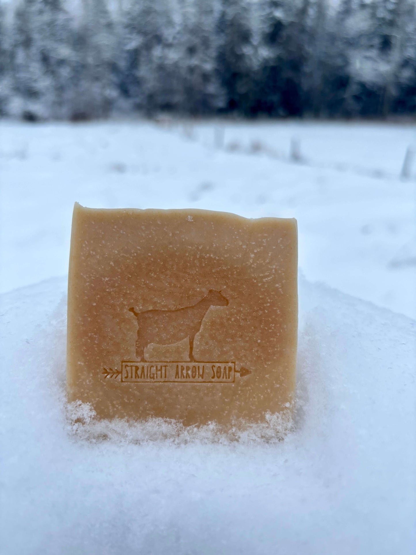 Goat milk soap bar embedded in snow, showcasing Straight Arrow Soap branding with a winter landscape backdrop.