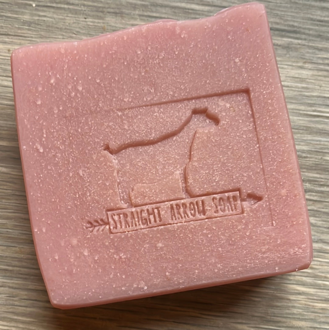 Blackberry Sage Goat Milk Soap with a goat logo, showcasing a pink bar of soap from Straight Arrow Soap.