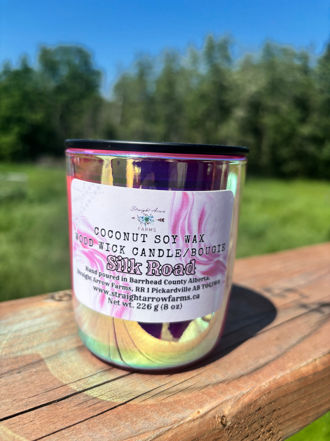 Luxe Wood Wick Candle in iridescent crystal jar with matte black lid, handmade in Alberta Canada — perfect gift idea
