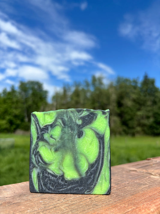 Green and black soap bar on a wooden surface with a natural background of trees and sky.