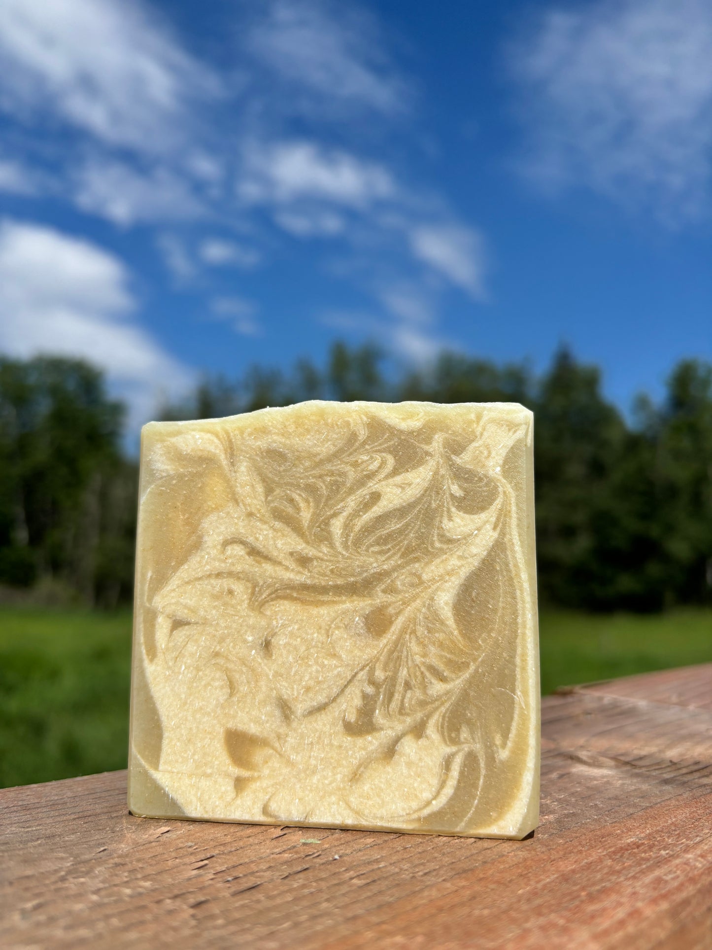 Bar of soap with leaf pattern on a wooden surface against a blue sky