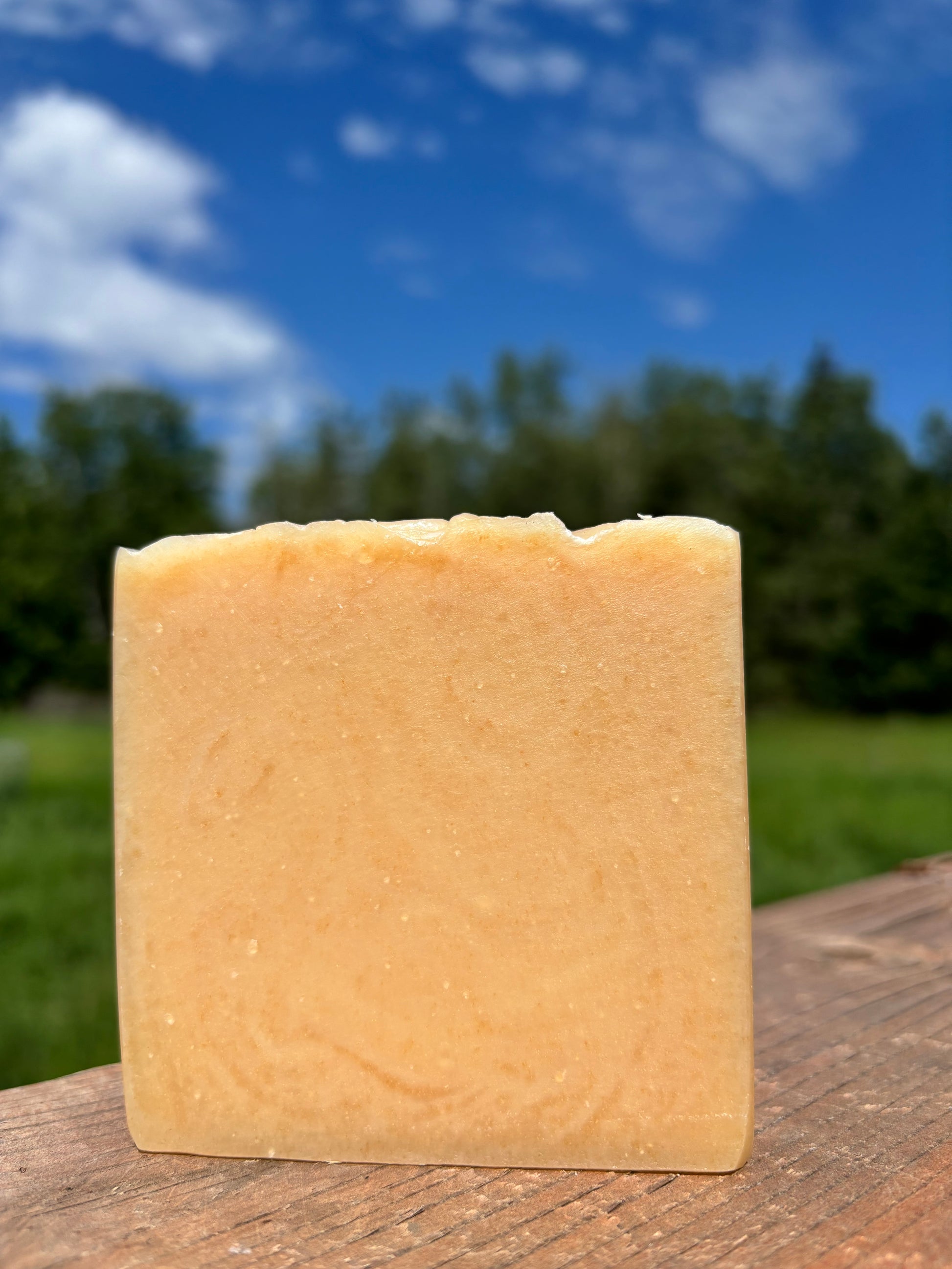 Bar of soap on a wooden surface with a natural background