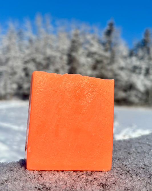 Orange square block on a snowy surface with blurred trees and blue sky in the background