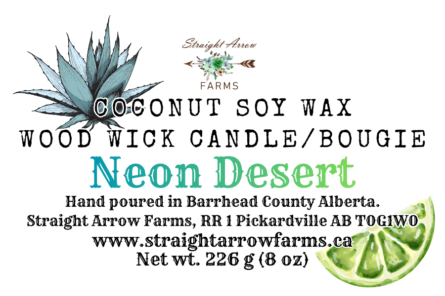 Coconut soy wax wood wick candle packaging with branding and product details, Neon Desert scent.