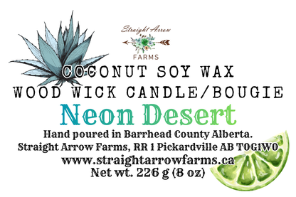 Coconut soy wax wood wick candle packaging with branding and product details, Neon Desert scent.