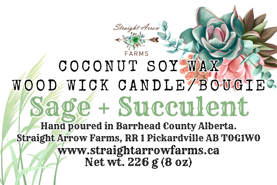 Coconut soy wax wood wick candle label with floral design and product details, Sage + Succulent Scent