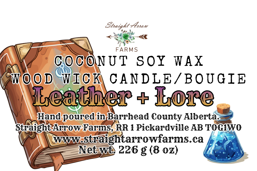 Coconut soy wax wood wick candle packaging with branding and product details, leather and lore scent.