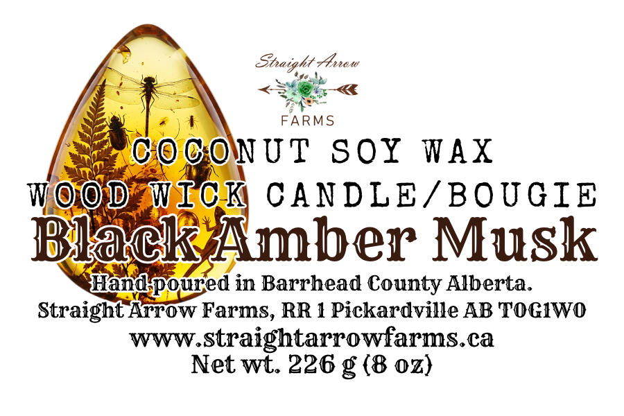 Coconut soy wax wood wick candle packaging with branding and product details, Black Amber Musk scent.
