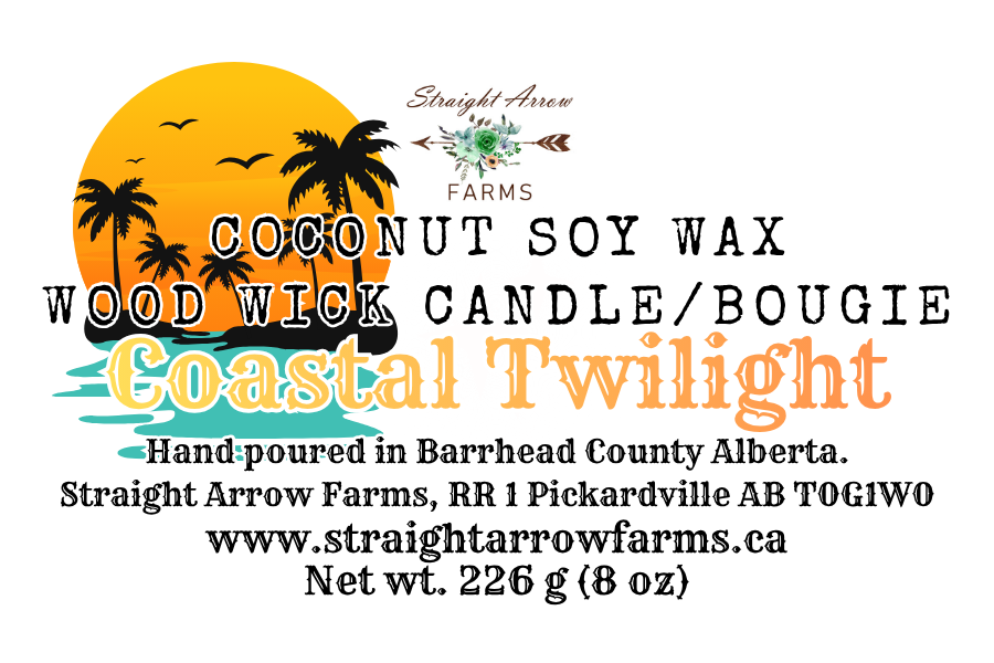 Coastal Twilight candle label with palm trees and sunset design.