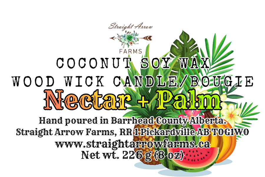Label for a coconut soy wax woodwick candle with tropical elements and branding information, nectar and palm scent.
