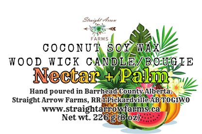 Label for a coconut soy wax woodwick candle with tropical elements and branding information, nectar and palm scent.