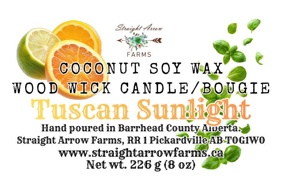 Coconut soy wax wood wick candle packaging with branding and product details, Tuscan Sunlight scent.
