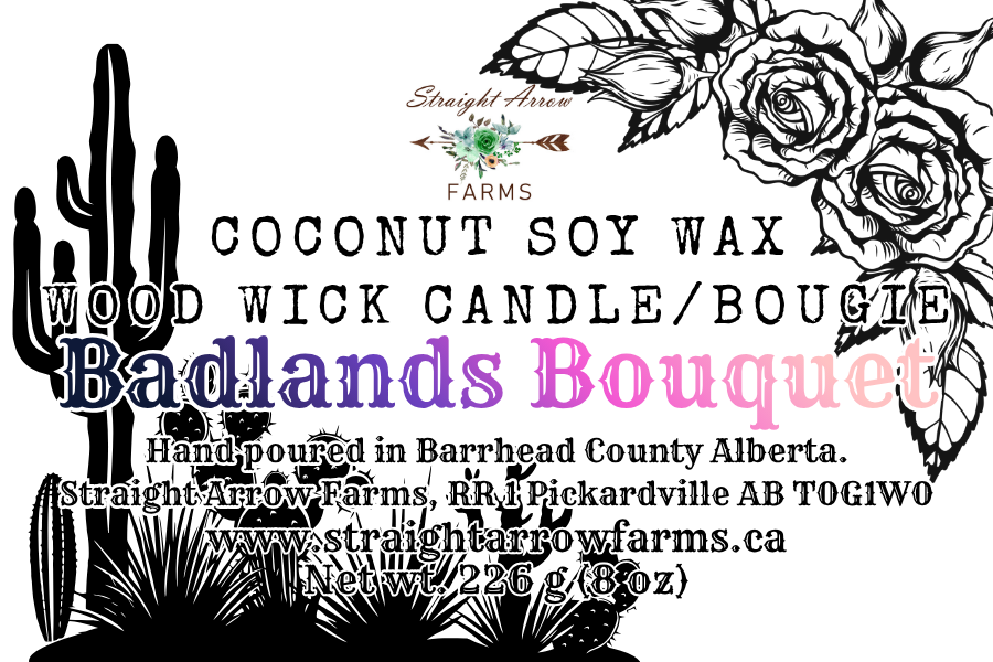 Advertisement for a coconut soy wax wood wick candle with cactus and rose design, badlands bouquet scent.