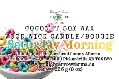 Coconut soy wax candle packaging with colorful cereal design and branding details, saturday morning scent.