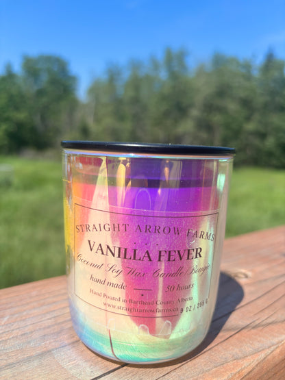 Vanilla Fever candle from Straight Arrow Farms on a wooden surface with a natural background