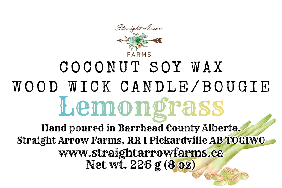 Coconut soy wax wood wick candle packaging with branding and product details, Lemongrass scent.