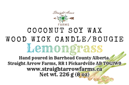 Coconut soy wax wood wick candle packaging with branding and product details, Lemongrass scent.