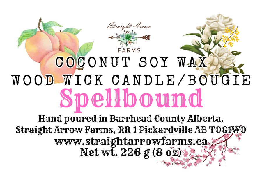 Label for a coconut soy wax wood wick candle from Straight Arrow Farms with decorative elements and contact information.