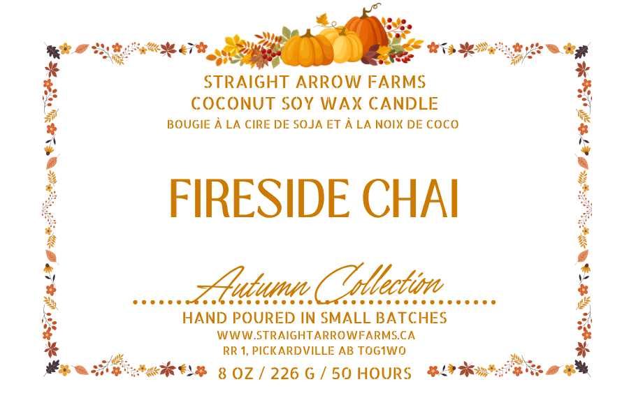 Coconut soy wax wood wick candle packaging, Fireside Chai scent.