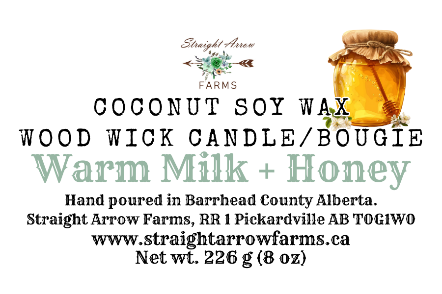 Coconut soy wax wood wick candle label with jar of honey and Straight Arrow Farms logo, warm milk and honey scent.