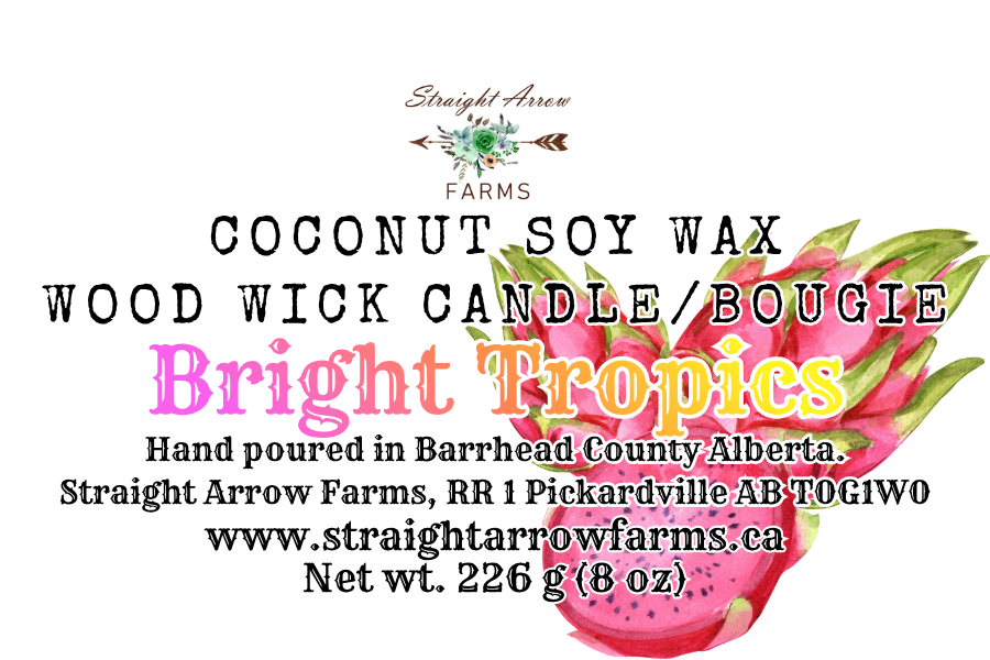 Label for a coconut soy wax wood wick candle with bright tropics scent, design and branding details.
