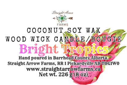 Label for a coconut soy wax wood wick candle with bright tropics scent, design and branding details.