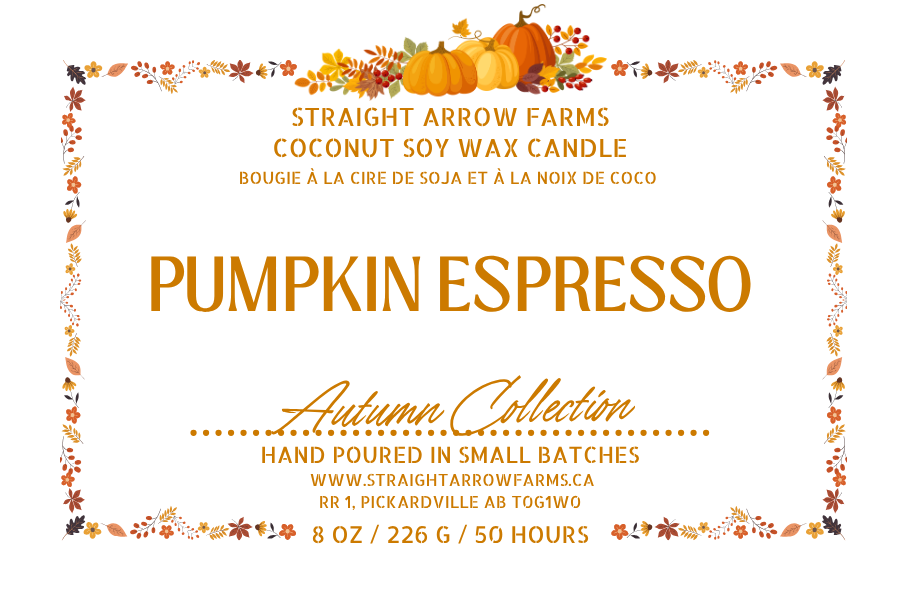 Coconut soy wax wood wick candle packaging, Pumpkin Espresso scent.