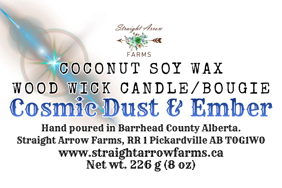Coconut soy wax wood wick candle packaging with branding and product details, Cosmic Dust + Ember scent.