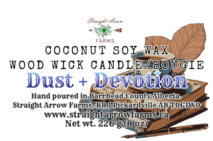 Coconut soy wax wood wick candle packaging with branding and product details, dust and devotion scent.