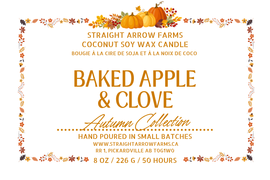 Coconut soy wax wood wick candle packaging, Baked Apple & Clove scent.