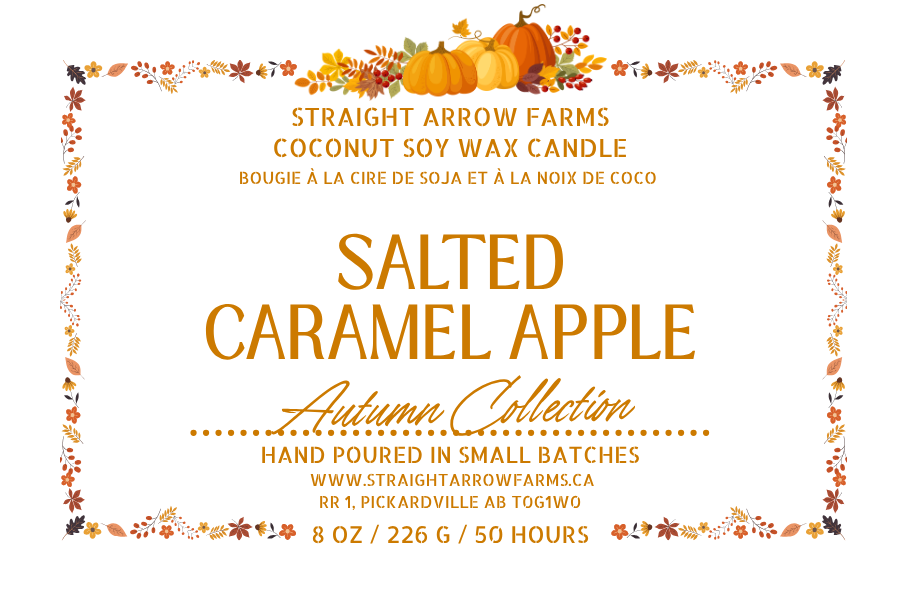 Coconut soy wax wood wick candle packaging, Salted Caramel Apple scent.