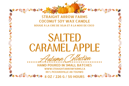 Coconut soy wax wood wick candle packaging, Salted Caramel Apple scent.