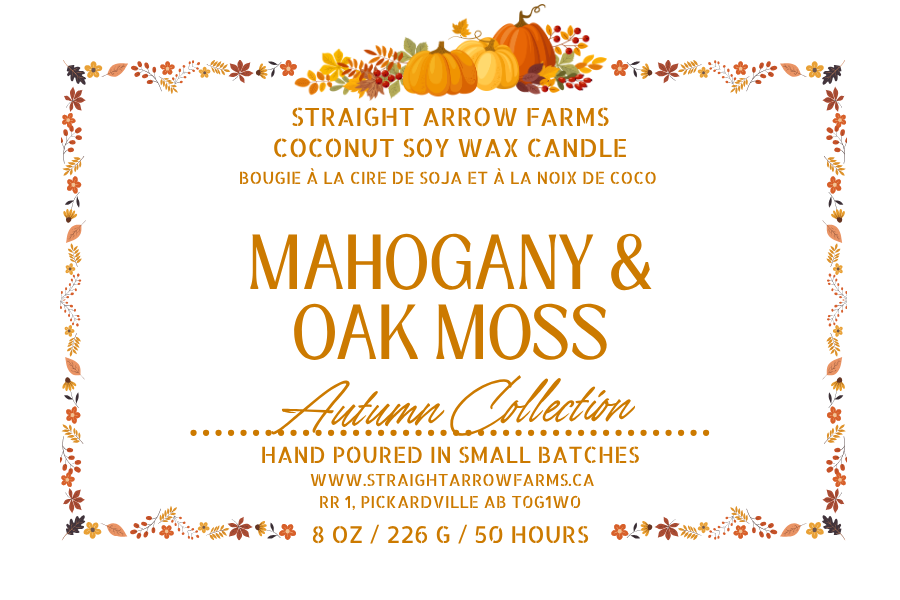 Coconut soy wax wood wick candle packaging, Mahogany & Oak Moss scent.